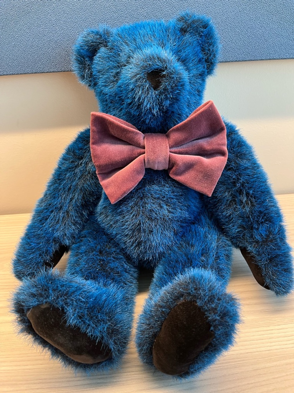 Vermont Teddy Bear 15” Blue Plush Bear Mauve Rose Pink Velvet Bow Tie Jointed
